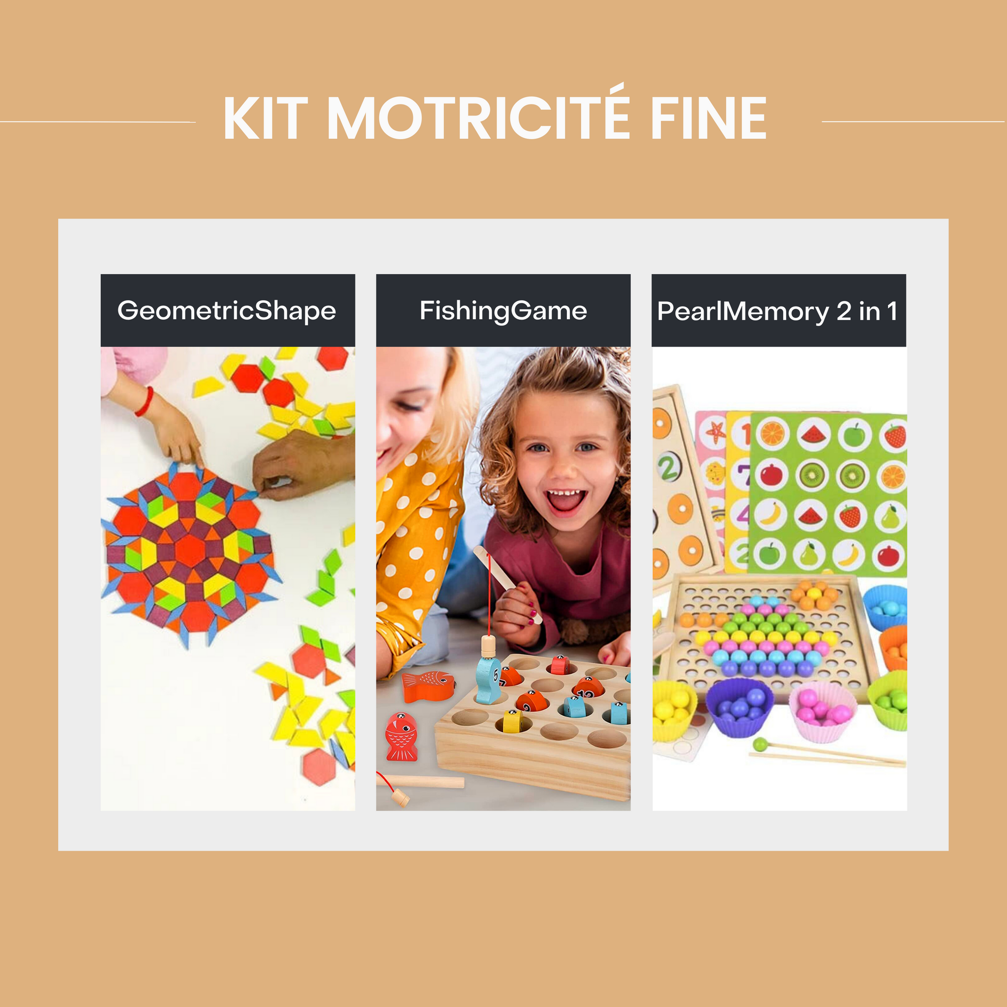 Kit Motricité Fine : GeometricShape + FishingGame + PearlMemory 2 in 1 de  kidcado